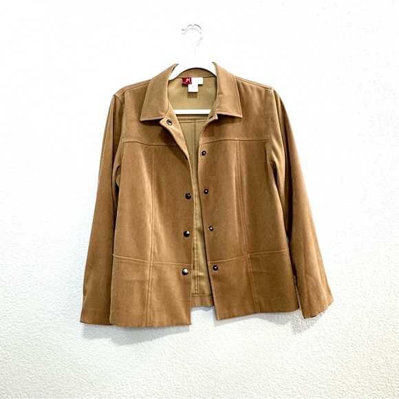 Camel Faux Suede Button Front Jacket Petite 6P - Picture 1 of 9
